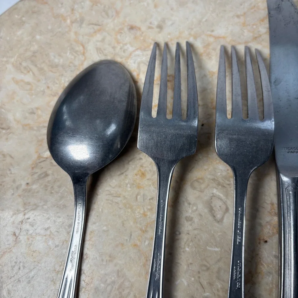 Utica Cutlery Co Stainless Flatware 5pc Set Silver Art Deco Lyre Japan‎